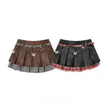 カフェ色PUレザー切り替えチェック柄ハイウエストAラインプリーツスカート【秋用・女性用・スタイリッシュ】