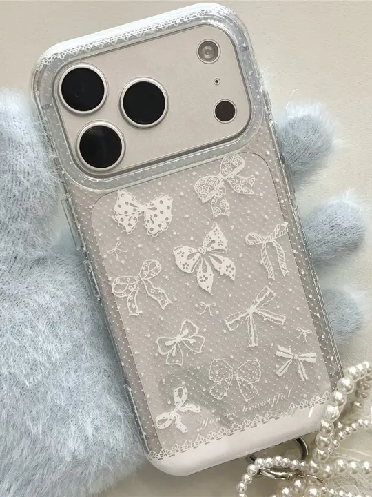 白色レースリボン付きiPhoneケース【Apple17、全包・防衝撃・クリエイティブデザイン】