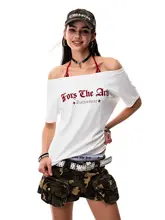 斜め肩デザインのレトロな短袖Tシャツ【クロスプリント・ゆったりシルエット・夏用】