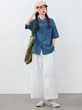 リボンデザインの薄手チェック柄シャツ【ブルー・夏用・コットン・カジュアル】