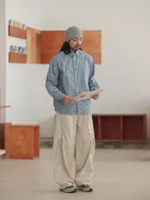 秋季レトロデザインのワイドレッグカーゴパンツ【アイボリー・フィット】