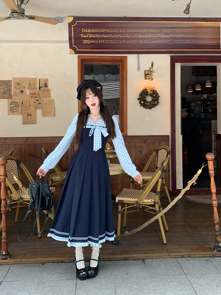 学院風ドッキングドレス：かわいい制服スタイルの春用セットアップ対応デザイン