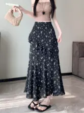 不規則フリル付きフラワープリントシフォンマキシスカート【女性用・夏用・スリット入り・エレガントなドレープ感】