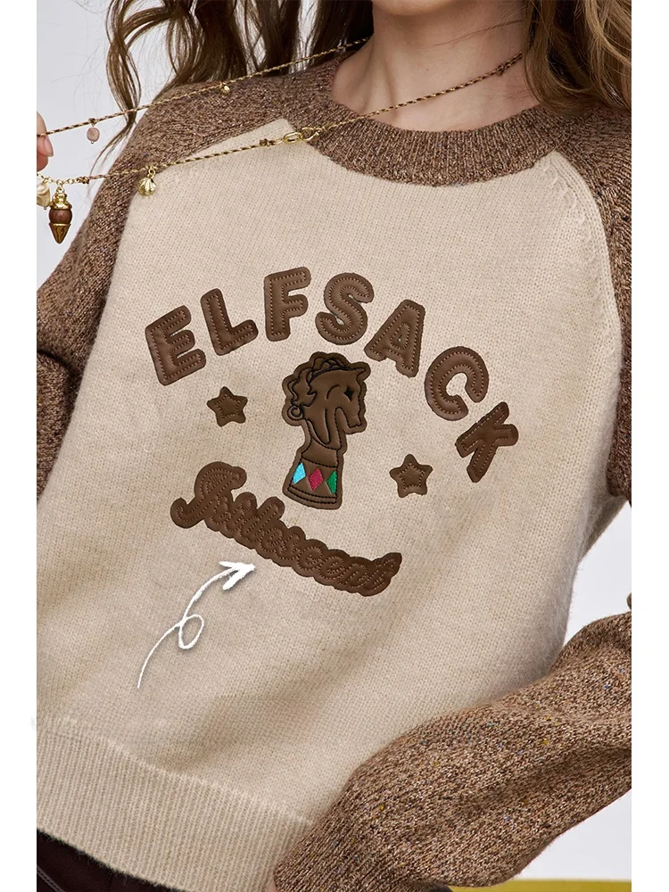 妖精のポケットシリーズのラグランカラーブロックニットトップス：Funny Elvesデザインの実用性と使用シーン