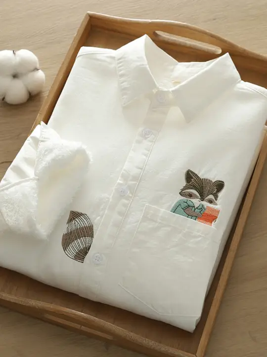 刺繍入り加绒白色シャツ【レディース・長袖・韓国風】