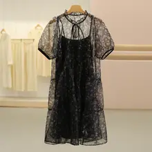 吊りカットソーワンピース【花柄・フリルデザイン・軽やかなシフォン製】（セットアップ対応）