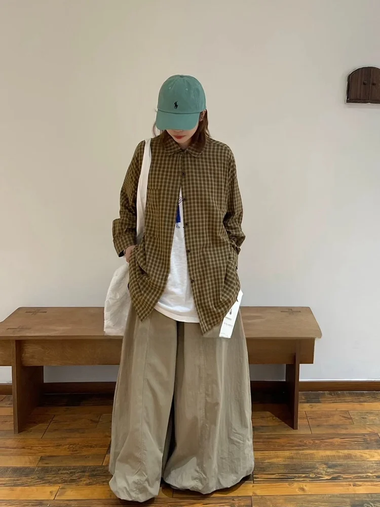レトロチェック柄シャツ【春夏用・長袖・ルーズフィット・カジュアル】