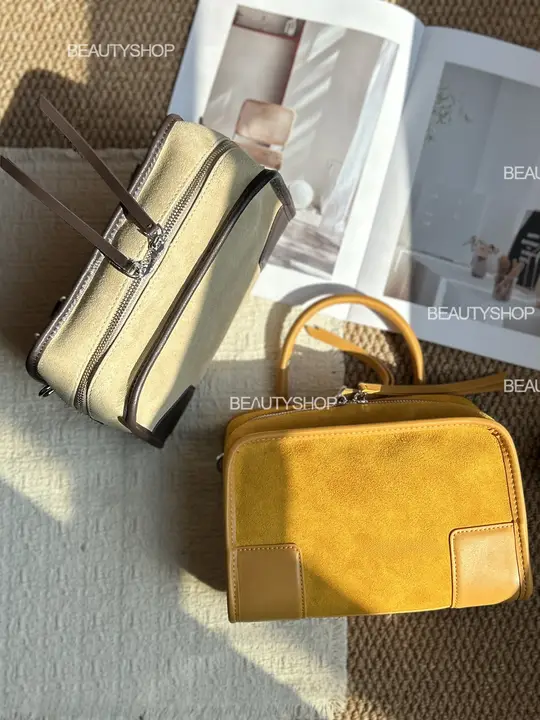 スエード牛革のボウリング手提げバッグ【レトロデザイン・カラーコンビネーション・通勤用・ショルダー＆クロスボディ】