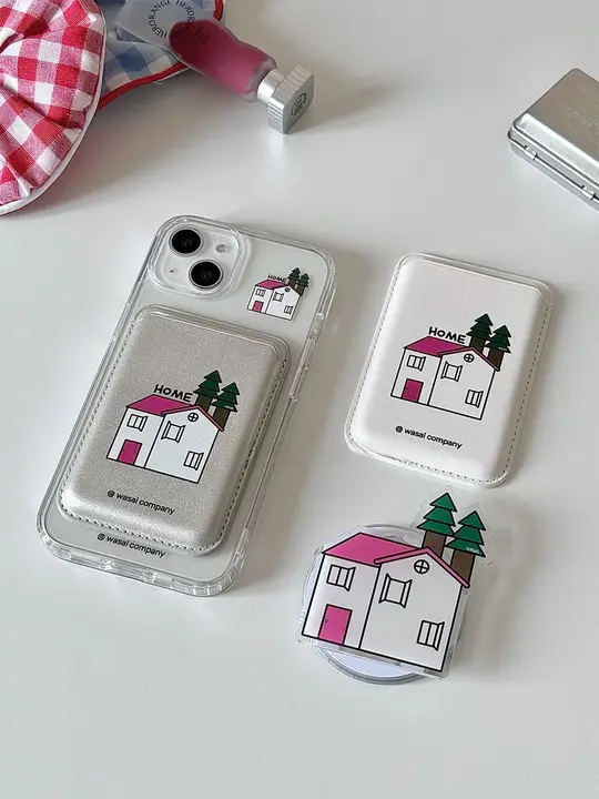 韓国の小型デザイン マグネット式スマホスタンド付きカードケース【iPhone用・透明アクリル・レザー】