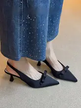 夏用サテン調のバタフライリボン付きオープントゥハイヒールサンダル【猫足・シャープトゥ】
