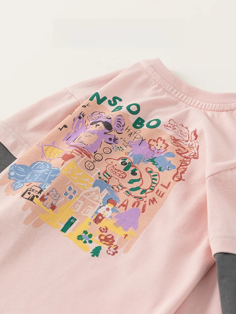 春向けカジュアルな子供用Tシャツ：キャラクター柄の長袖コットンセットアップ対応モデル