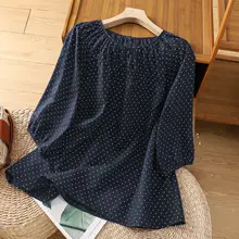 ヴィンテージ風 麻製ドット柄 半袖プルオーバーシャツ【夏用・ルーズフィット・ラウンドネック】