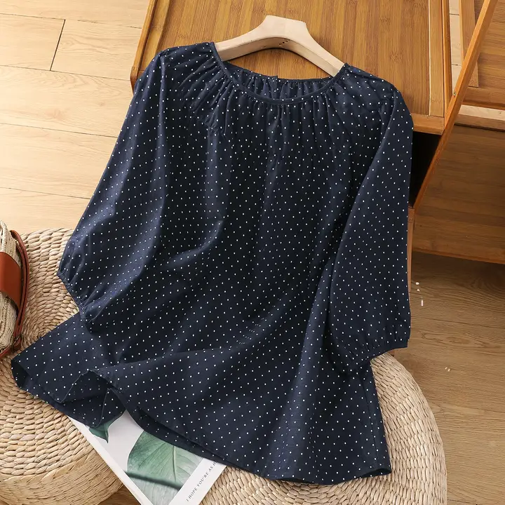 ヴィンテージ風 麻製ドット柄 半袖プルオーバーシャツ【夏用・ルーズフィット・ラウンドネック】