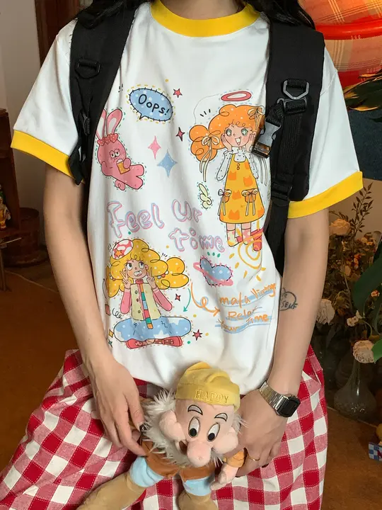 半袖Tシャツ レディース 可愛い カートゥーン柄 プリント クルーネック ルーズ バイカラー バインダー デザイン トップス
