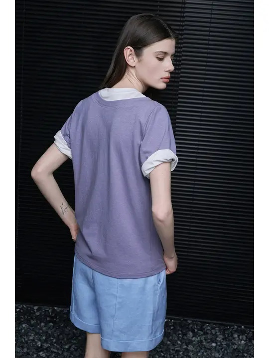 バイカラーのクルーネックショートスリーブTシャツ【女性用・シンプルデザイン】（セットアップ対応）