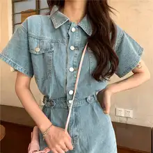 デニムAラインワンピース【ポロカラー・ウエストマーク・レトロスタイル・ショート丈】