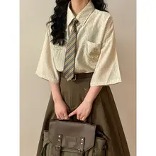 夏用レトロ学院風刺繍入りボタンシャツ【カジュアル・ショートスリーブ・リボン付き】