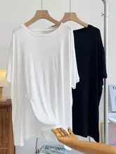 モダール混の中長丈カットソー【短袖・スリットデザイン・ゆったりシルエット・体型カバー効果】