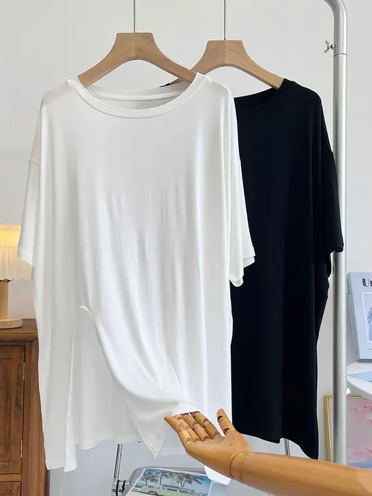 モダール混の中長丈カットソー【短袖・スリットデザイン・ゆったりシルエット・体型カバー効果】