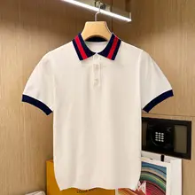 夏季ファッショナブルなカラー切替ポロシャツ【ニット・短袖・白色】