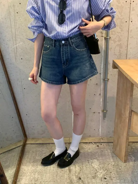 ハイウエストデニムショートパンツ【韓国風・レトロデザイン・春夏用】（セットアップ対応）