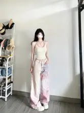 美式レトロ ピンクデニムパンツ【女性用・ハイウエスト・フィット・ストレートレッグ】