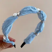 夏用の清新で柔らかな水钻パール付きツイストヘアバンド【細身デザイン・ファッションアイテム】