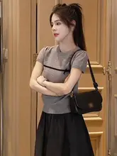 リボンデザインのニット半袖Tシャツ【女性用・シンプル・カジュアル】（セットアップ対応）