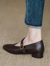 柔らかい羊革製 マリージェーンシューズ【編み込み・ラウンドトゥ・中ヒール・通勤用】