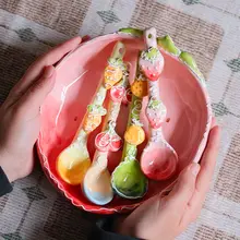フルーツデザインの陶製スプーン【かわいい浮き彫り・長柄・スープスプーン・デザートスプーン】