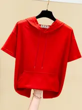 赤いフード付きTシャツ【薄手・ルーズフィット・コットン素材・夏用】