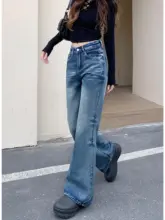 ヴィンテージウォッシュ 微ブーツカットデニムパンツ【ハイウエスト・フィット・フレアパンツ】（セットアップ対応）