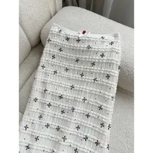白色レースマーメイドスカート【リボン付き・フラワープリント・ロング丈】（セットアップ対応）