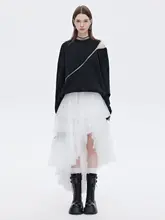 前短後長不規則デザインのウエストゴム パフスカート【エアリーメッシュ・白・Aライン】（セットアップ対応）