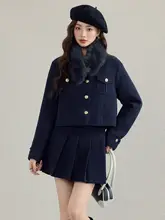 毛ファー付きジャケットとプリーツスカートの秋冬用コーディネート（セットアップ対応）