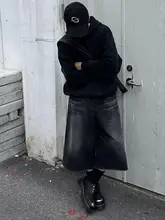 ヴィンテージ風デニムハーフパンツ【シンプル・ストレートフィット・ルーズフィット・秋用】（セットアップ対応）