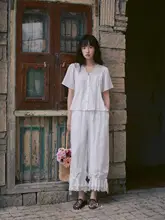 春風を感じる苎麻天絲花縁付きパンツ【ガーリー・九分丈・ランタンシルエット】