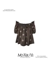 刺繍入りバルーン袖オフショルダートップス【キャラメルマキアート風・夏用・女性用】