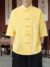夏用 薄手コットンリネン メンズ半袖シャツ【中国風・改良型唐装】