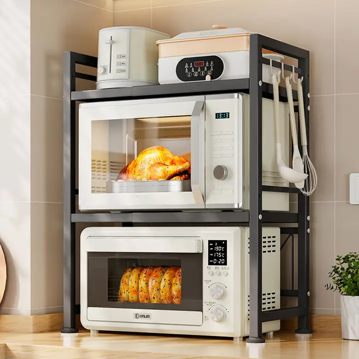 伸縮式キッチン用電子レンジ収納ラック【多機能・オーブン用・テーブル置き】