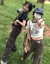 アメリカンレトロデザイン多ポケットカーゴパンツ【ハイウエスト・ワイドレッグ・小柄対応】（セットアップ対応）