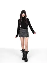 小雨デザイン 中腰レザーショートスカート【洗い加工・ロックパンクスタイル・金属ジッパー付き】