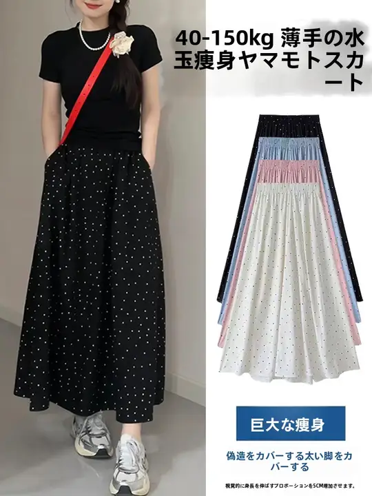 大きいサイズ ドット柄 ハイウエスト半身スカート【夏用・フィット感のあるシルエット・ミディ丈】（セットアップ対応）