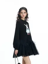 ラウンドネックのクラウンウサギプリントAラインドレス【レースの切り替え】（セットアップ対応）