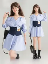 オフショルダーシャツワンピース【秋用・ウエスト絞り・シックなデザイン】（セットアップ対応）