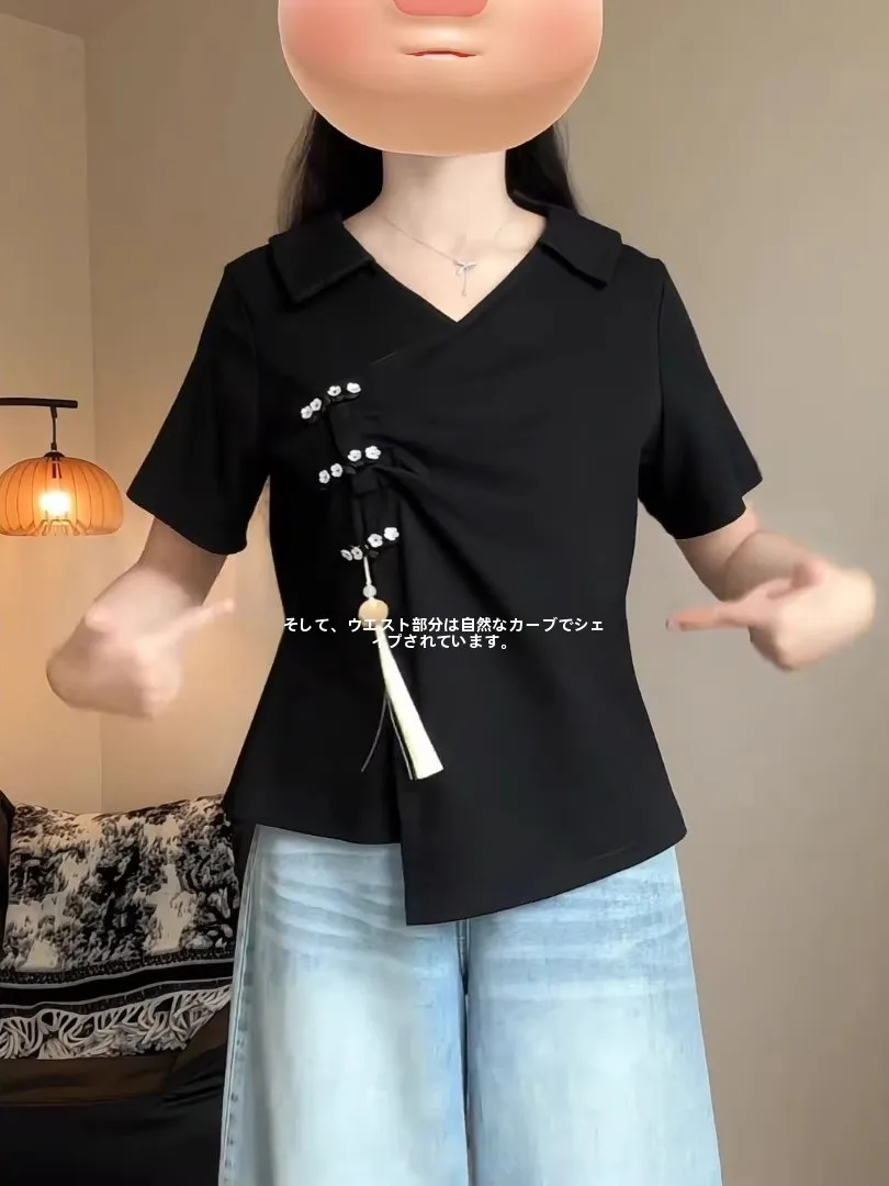 つけ襟 黒：新中式デザインの黒色コットンTシャツの実用性とファッションマッチング