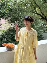 夏用フランス風の柔らかい少女向けクリームイエローのレース装飾ウエストマーク短袖ワンピース【プリンセススタイル・ロング丈】
