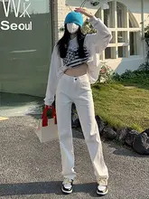 韓国製 ハイウエストストレートデニムパンツ【春秋・白色・極上の柔らかさ・ルーズフィット】