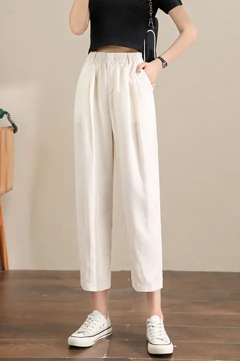 夏用 薄手ハレンパンツ【白・天絲・リネン混・抗シワ・通気性】