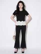 シンプルなデザインのレースパッチワーク黒ロングパンツ【スリムフィット・Aライン】